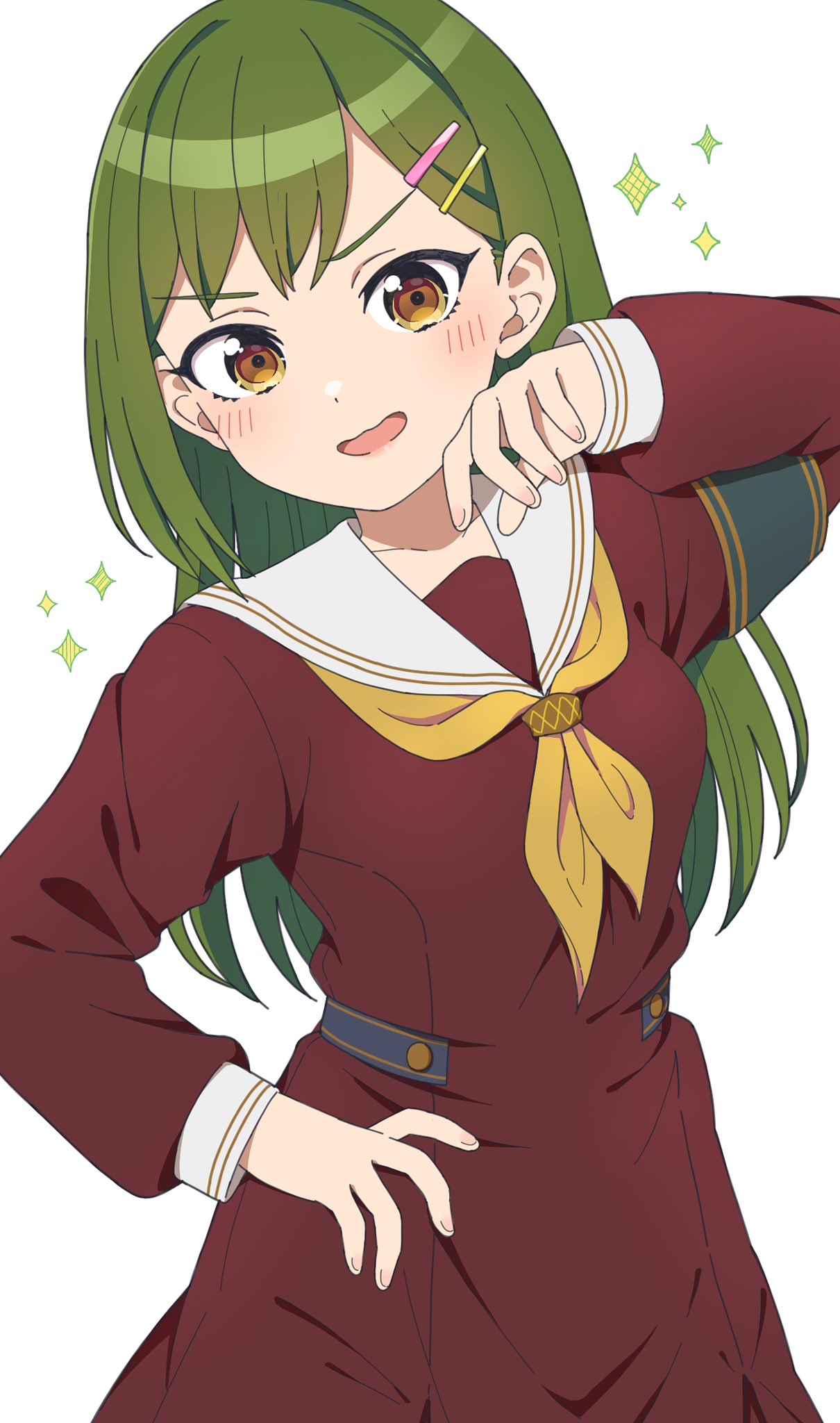 1girl, breasts, brown_dress, collarbone, dress, green_hair, hair_ornament, hairclip