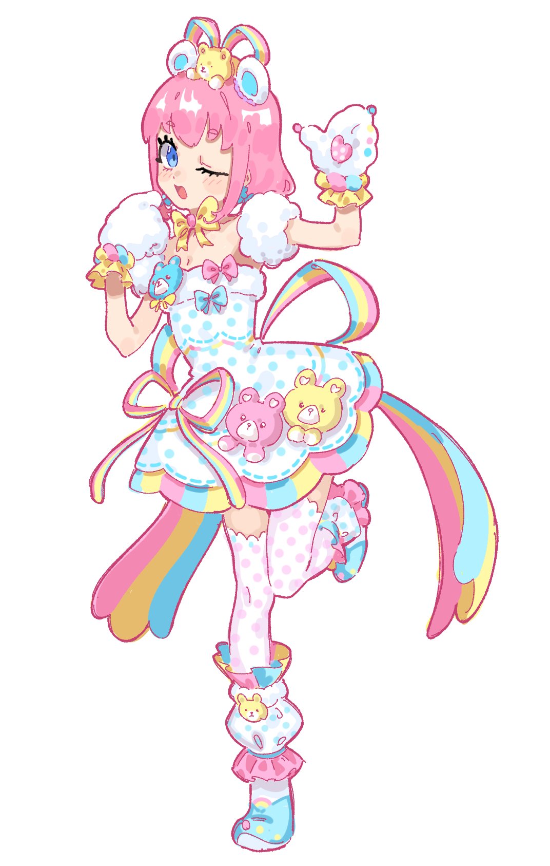 1girl, ;d, amauri_miruki, amauri_miruki_(primagista), animal_ears, animal_hands, animal_print, arm_up