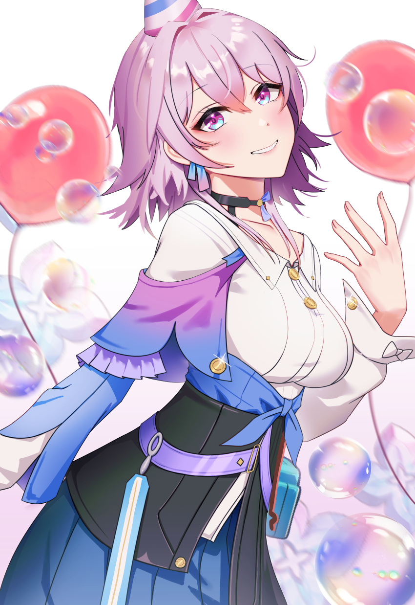 1girl, absurdres, anoreika_tomoe, balloon, belt, black_choker, black_skirt, blue_eyes