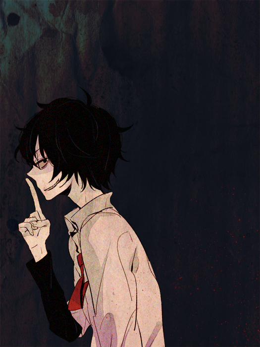 1boy, bad_id, black_hair, fingers, grin, kiben_gakuha_yotsuya-senpai_no_kaidan, male, messy_hair