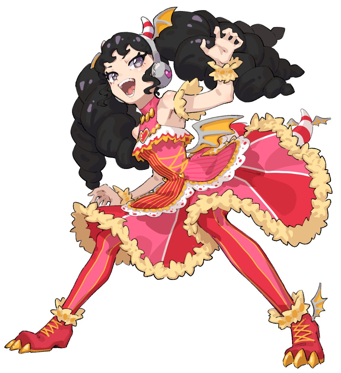 1girl, :d, bare_shoulders, bat_wings, black_hair, claw_pose, detached_sleeves, dress