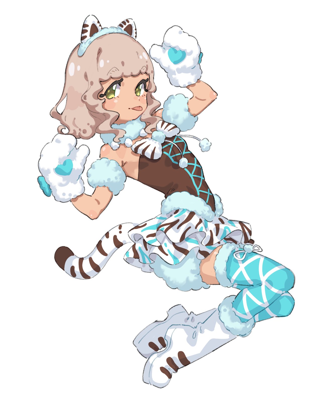 1girl, :p, animal_ear_hairband, animal_ears, animal_hands, animal_print, blue_thighhighs, boots