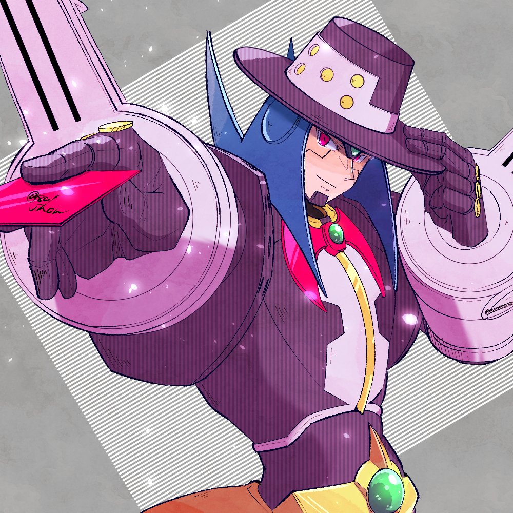 1boy, 801jhon, adjusting_clothes, adjusting_headwear, android, armor, black_headwear, blue_hair
