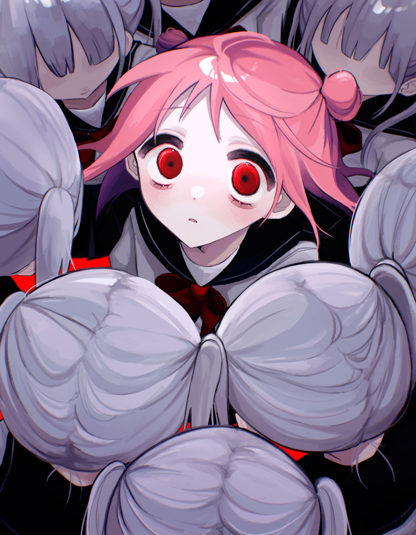 6+girls, absurdres, black_sailor_collar, blunt_bangs, bow, clone, closed_mouth, double_bun
