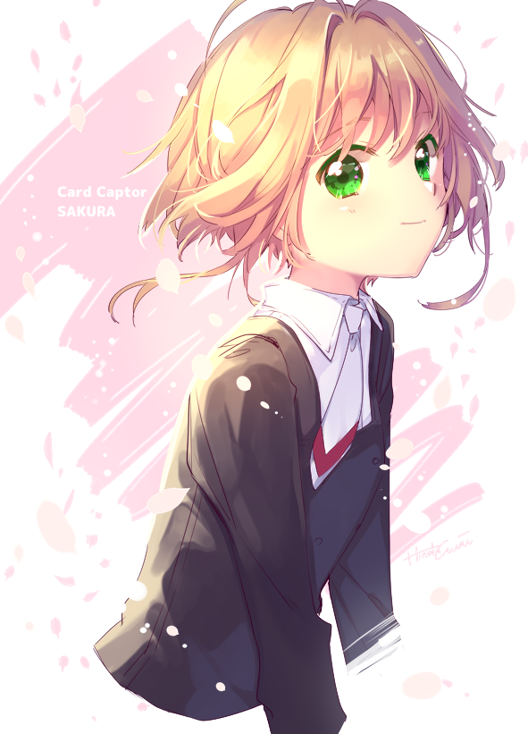 antenna_hair, awai_hinata, brown_hair, cardcaptor_sakura, green_eyes, kinomoto_sakura, school_uniform, tomoeda_elementary_school_uniform