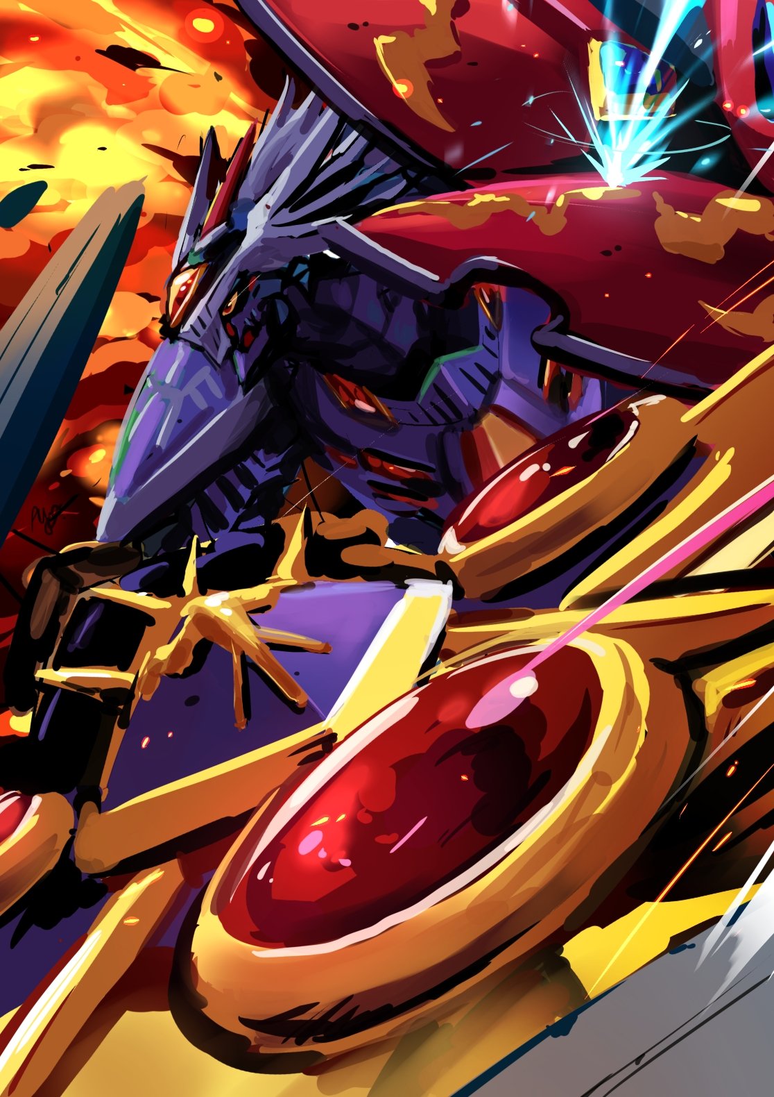 1other, ayo_(ayosanri009), bryweludramon, colored_sclera, digimon, digimon_(creature), durandamon, feather_hair