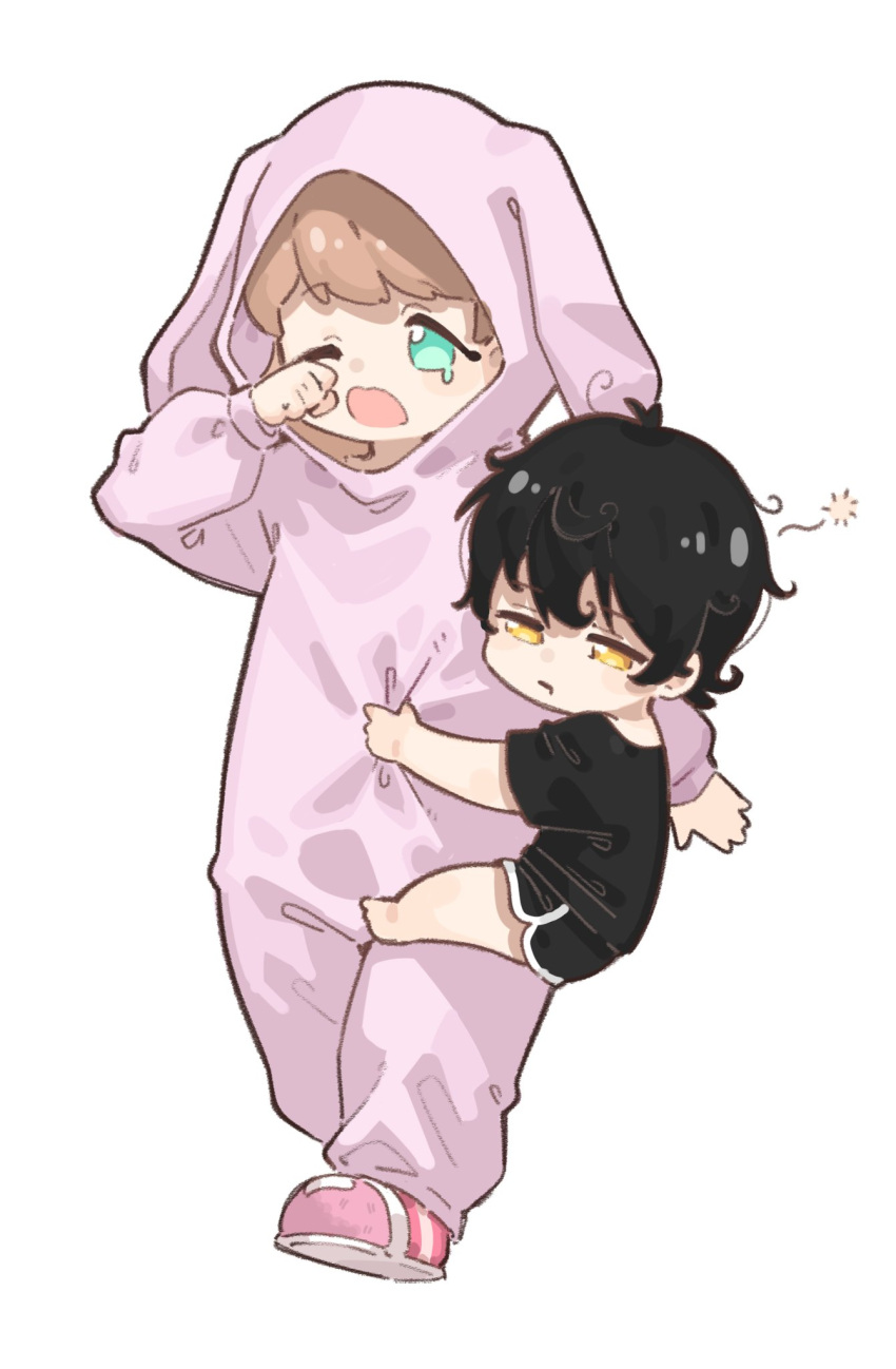 2girls, aged_down, animal_costume, animal_hood, black_hair, black_shirt, black_shorts, blue_eyes