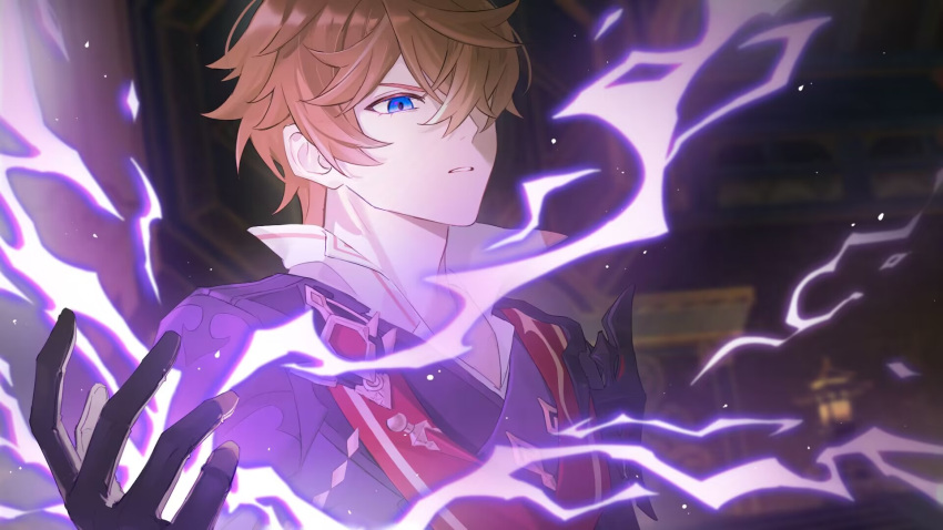 1boy, armor, black_gloves, blue_eyes, blurry, blurry_background, chinese_commentary, collared_shirt