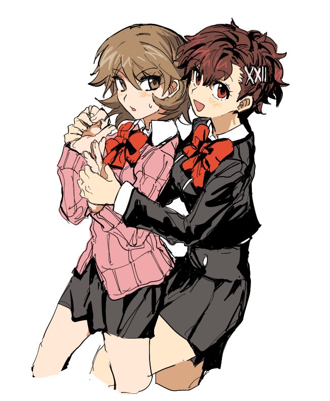 2girls, :d, :o, black_jacket, black_skirt, blush, bnna-0208, bow, bowtie, brown_hair, collared_shirt, commentary, gekkoukan_high_school_uniform, hair_ornament, hairclip, hand_grab, holding_hands, jacket, korean_commentary, long_sleeves, looking_at_another, looking_at_viewer, multiple_girls, persona, persona_3, persona_3_portable, pink_sweater, pleated_skirt, ponytail, red_bow, red_eyes, school_uniform, shiomi_kotone, shirt, short_hair, simple_background, skirt, smile, sweat, sweater, takeba_yukari, white_background, white_shirt, wing_collar, yuri