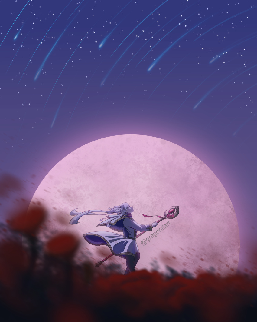 1girl, absurdres, blurry, dress, flower, frieren, full_moon, gregorillart