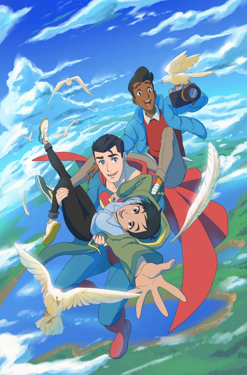 1girl, 2boys, barlee, bird, black_hair, black_pants, blue_eyes, blue_sky, bodysuit, brown_eyes, camera, cape, carrying, clark_kent, clouds, collared_shirt, cover, cover_page, dark-skinned_female, dark-skinned_male, dark_skin, dc_comics, feathers, floating, highres, hood, hooded_jacket, jacket, jimmy_olsen, lois_lane, multiple_boys, my_adventures_with_superman, official_art, open_mouth, pants, princess_carry, shirt, short_hair, sky, smile, superhero_costume, superman, superman_(series), very_dark_skin