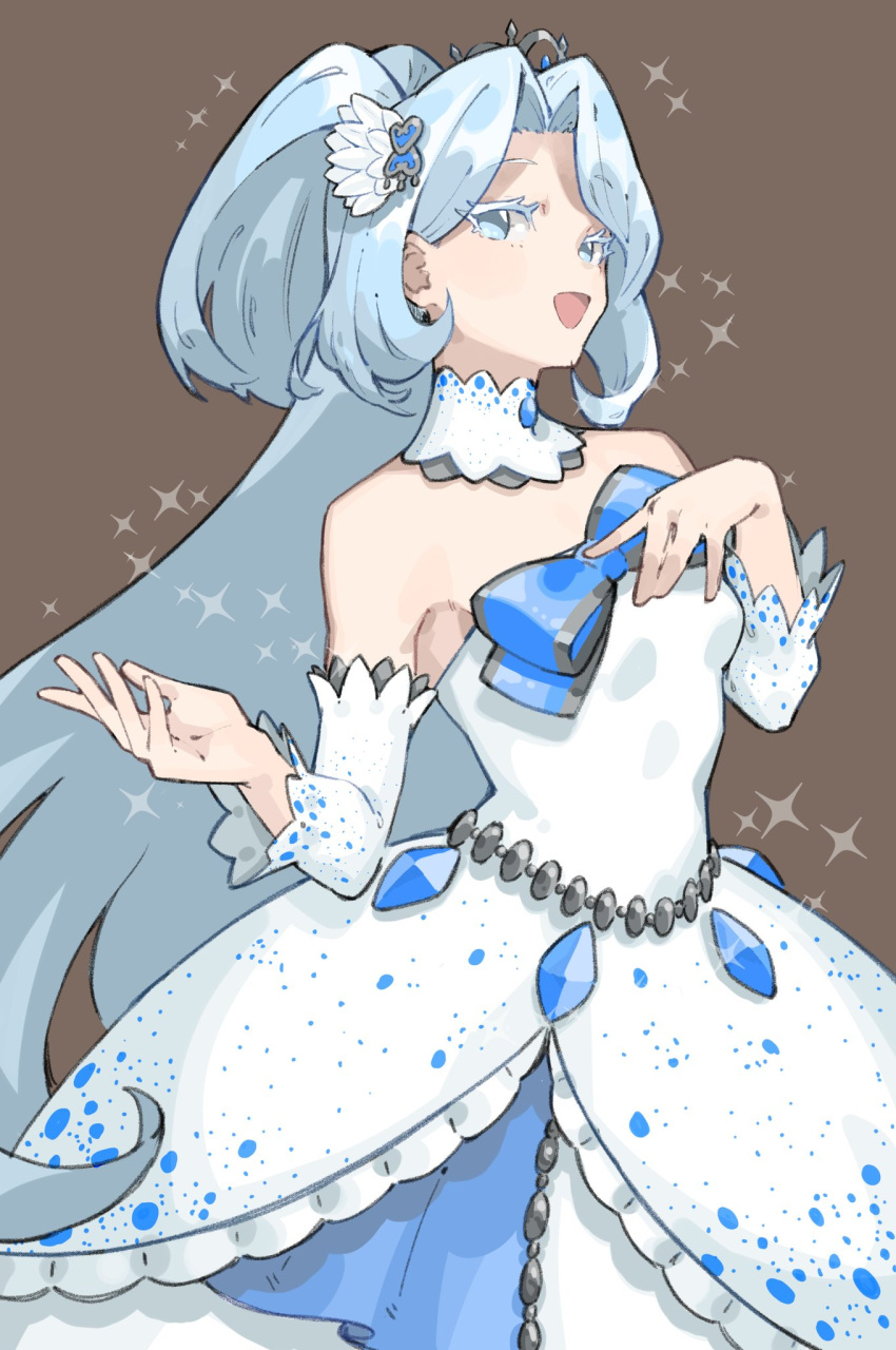 1girl, :d, bare_shoulders, blue_bow, blue_eyes, blue_gemstone, blue_hair, bow