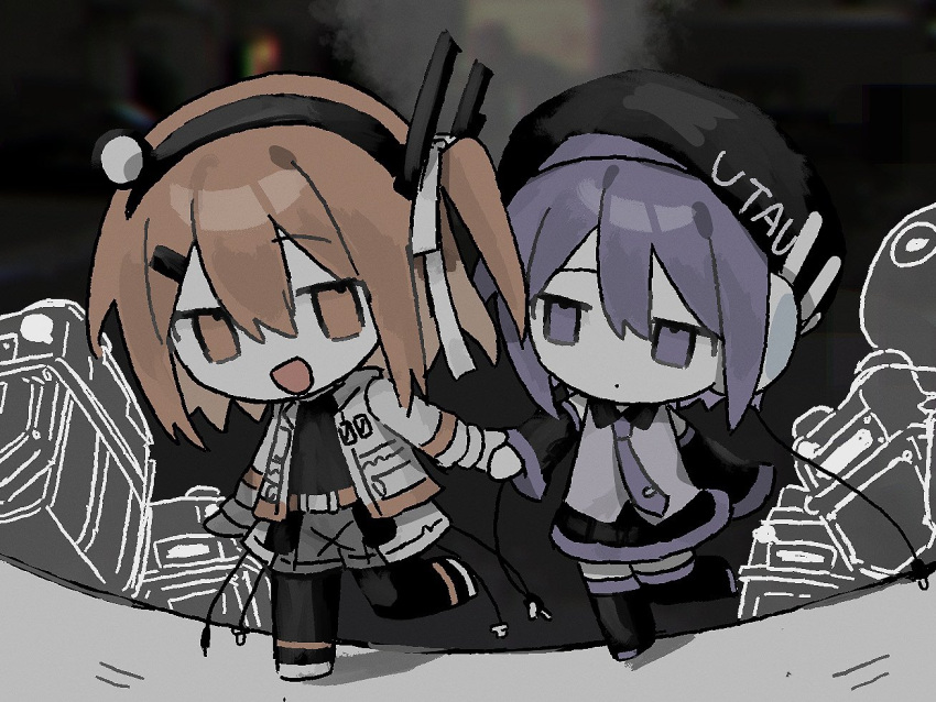 2girls, a.i._voice, abstract_background, adachi_rei, belt, belt_pouch, beret, black_footwear