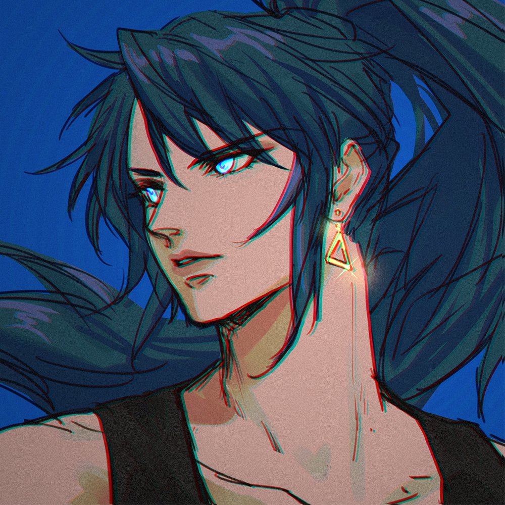 1girl, bare_shoulders, blue_eyes, blue_hair, chromatic_aberration, earrings, hair_between_eyes, jewelry