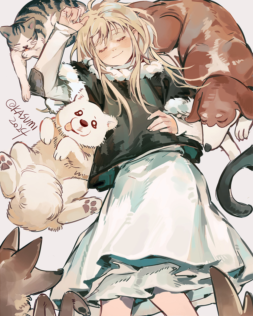 1girl, aged_down, animal, arm_up, black_vest, blonde_hair, blush, cat