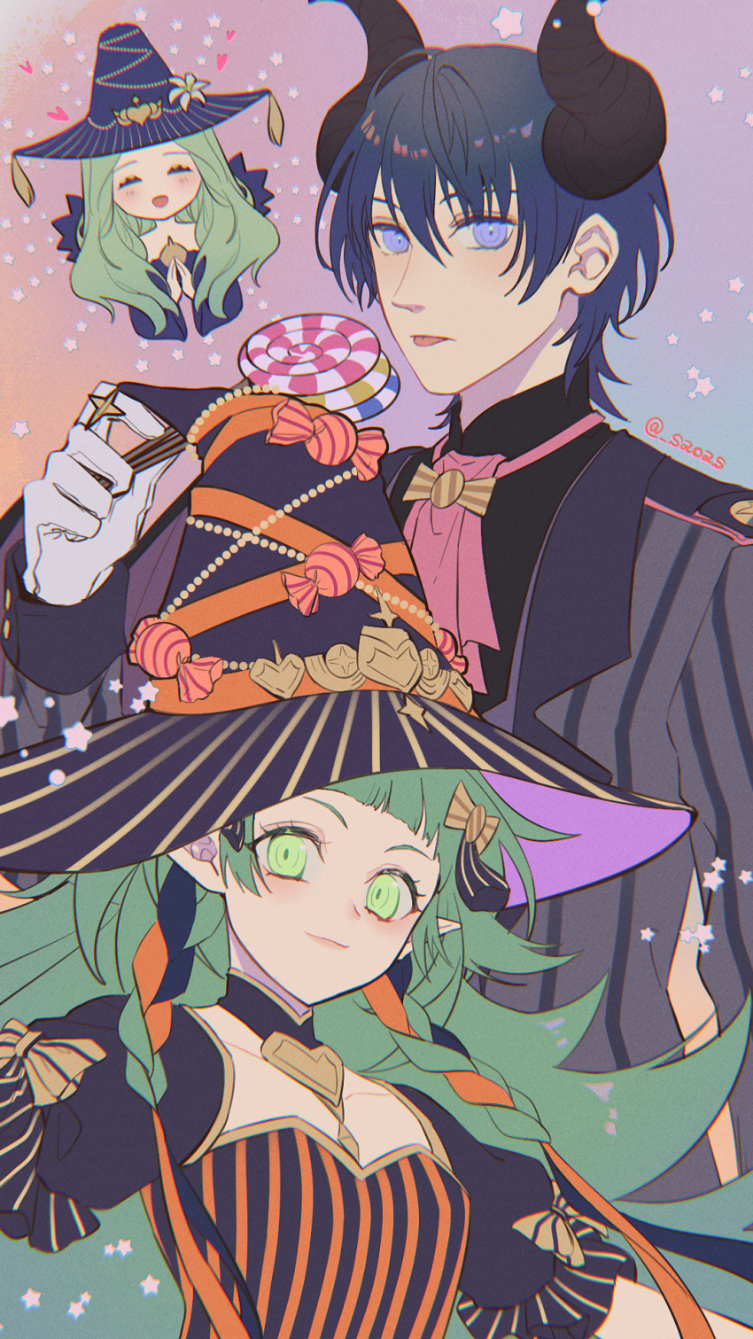 1boy, 2girls, black_dress, black_headwear, black_horns, black_jacket, blue_hair, blue_headwear