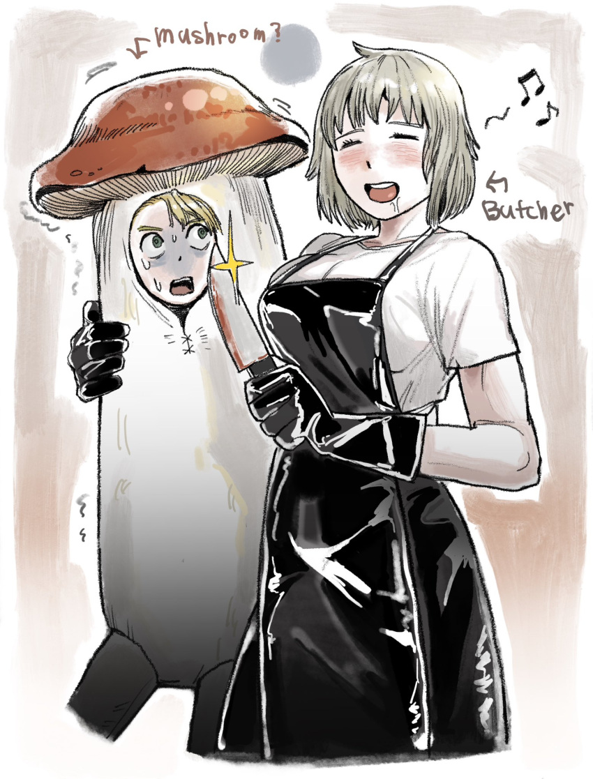 2girls, apron, black_apron, black_gloves, black_pants, blonde_hair, blood, blood_on_knife