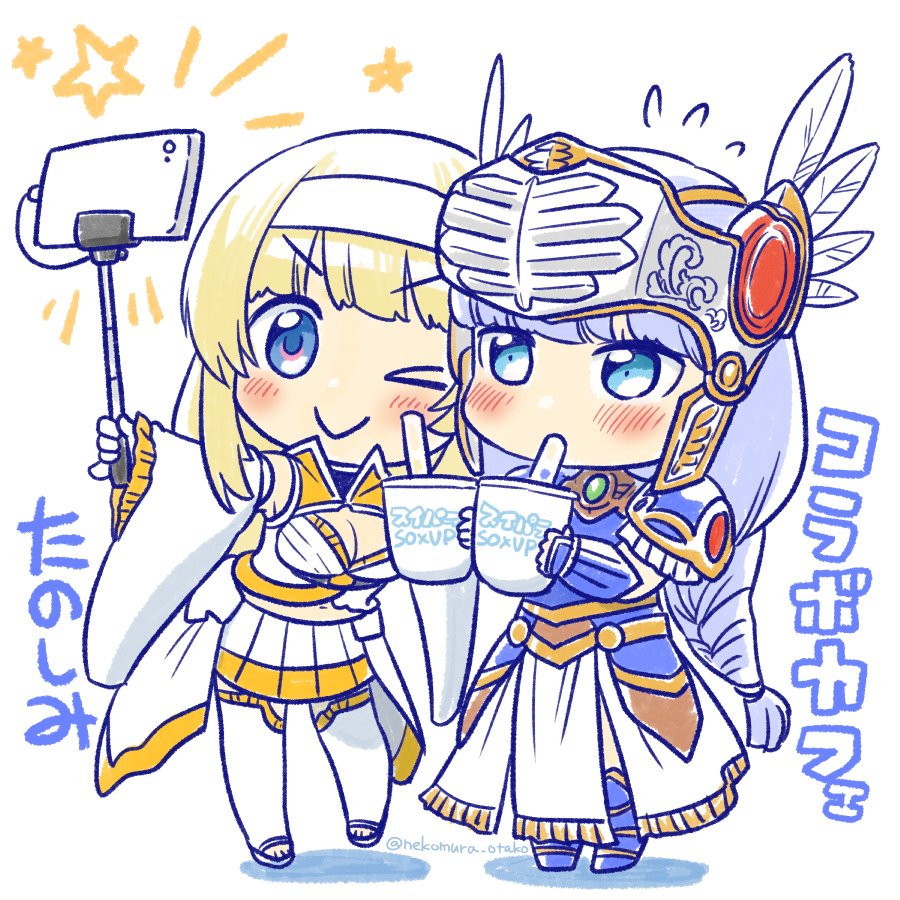 2girls, armor, armored_dress, blonde_hair, blue_armor, blue_eyes, braid, breasts