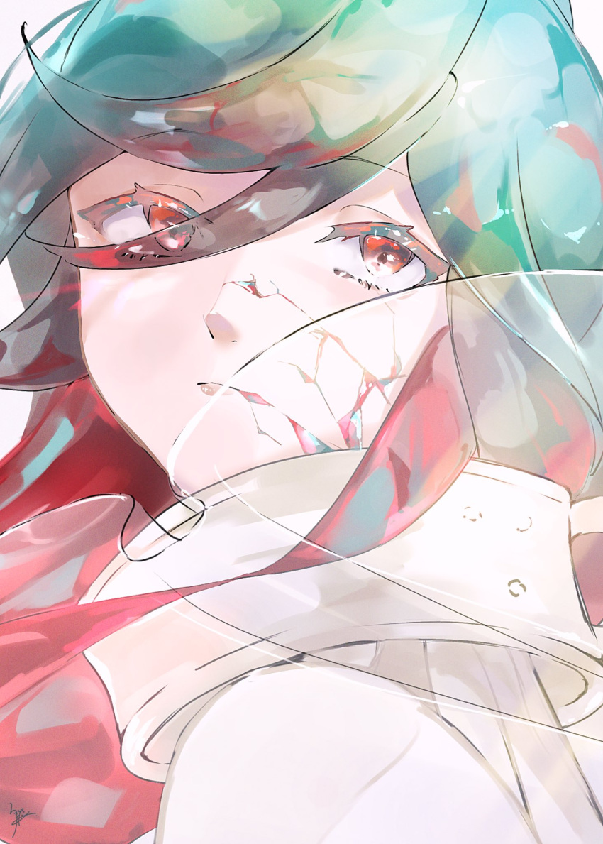 1other, alexandrite_(houseki_no_kuni), androgynous, blue_hair, closed_mouth, collar, cracked_skin, floating_hair