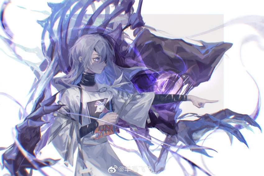 1girl, bandaged_arm, bandaged_neck, bandages, black_bandages, blue_eyes, blue_hair, book