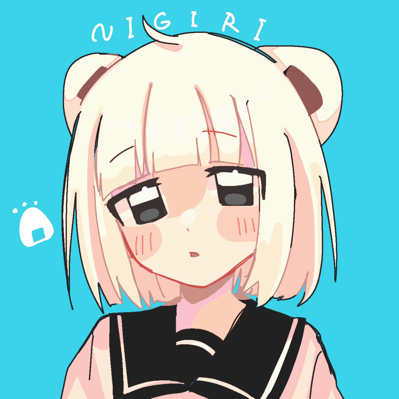1girl, ahoge, black_eyes, black_sailor_collar, blue_background, blunt_bangs, blush, bob_cut, expressionless, food, food-themed_hair, half-closed_eyes, highres, looking_at_viewer, nigiri-chan, onigiri, open_mouth, original, portrait, sailor_collar, school_uniform, serafuku, short_hair, simple_background, solo, udon_mayo, white_hair