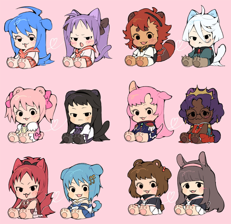 6+girls, :<, :3, akemi_homura, animal_ears, animal_legs, annoyed, barefoot