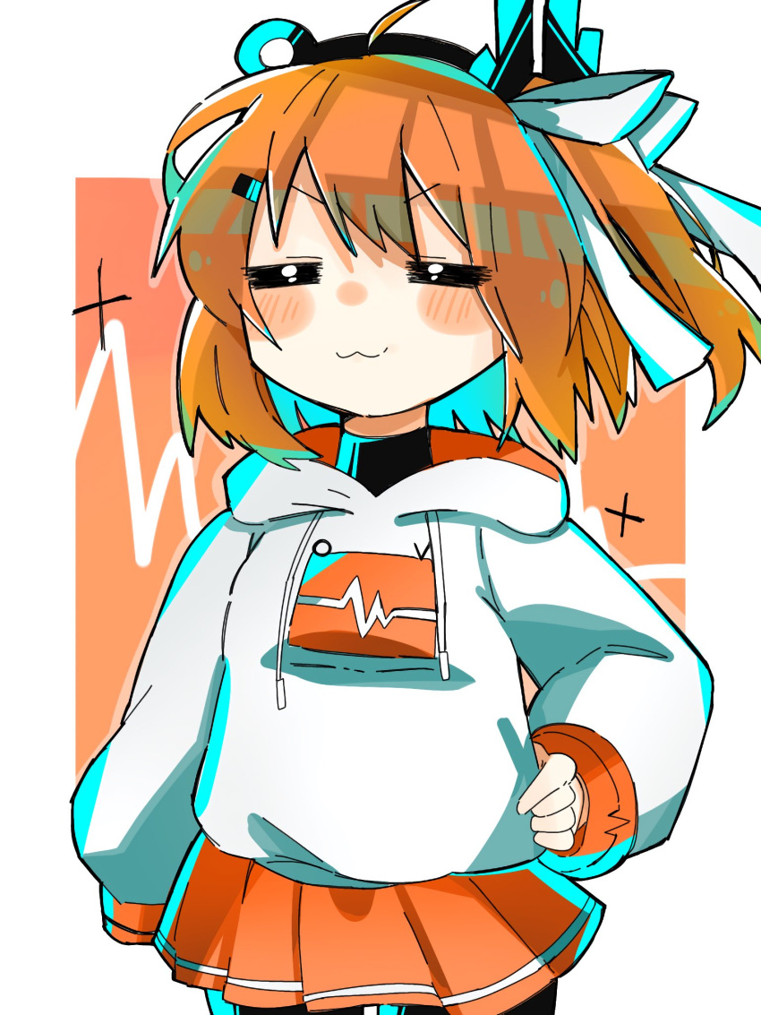 1girl, :3, =_=, a.i._voice, adachi_rei, ahoge, alternate_costume, arm_at_side, blush, border, cardiogram_print, closed_eyes, cowboy_shot, drawstring, gorilla_ultra, hair_ribbon, hand_on_own_hip, highres, hood, hood_down, hoodie, long_sleeves, medium_hair, one_side_up, orange_background, orange_hair, orange_skirt, outside_border, pleated_skirt, print_hoodie, ribbon, simple_background, single_sleeve_past_fingers, skirt, solo, sparkle, standing, utau, v-shaped_eyebrows, white_border, white_hoodie, white_ribbon