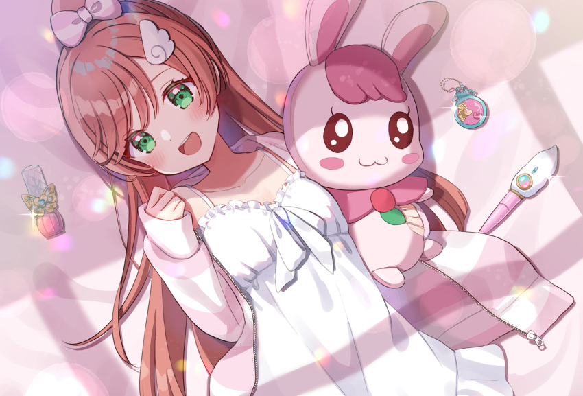 1girl, absurdres, alternate_hairstyle, bow, commentary, dress, from_above, hair_bow