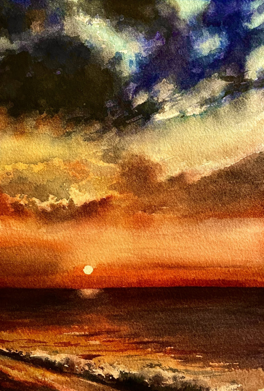 beach, blue_sky, clouds, cloudy_sky, highres, horizon, no_humans, ocean, orange_sky, original, painting_(medium), shibakaka, shore, sky, sun, sunset, traditional_media, water, watercolor_(medium), waves