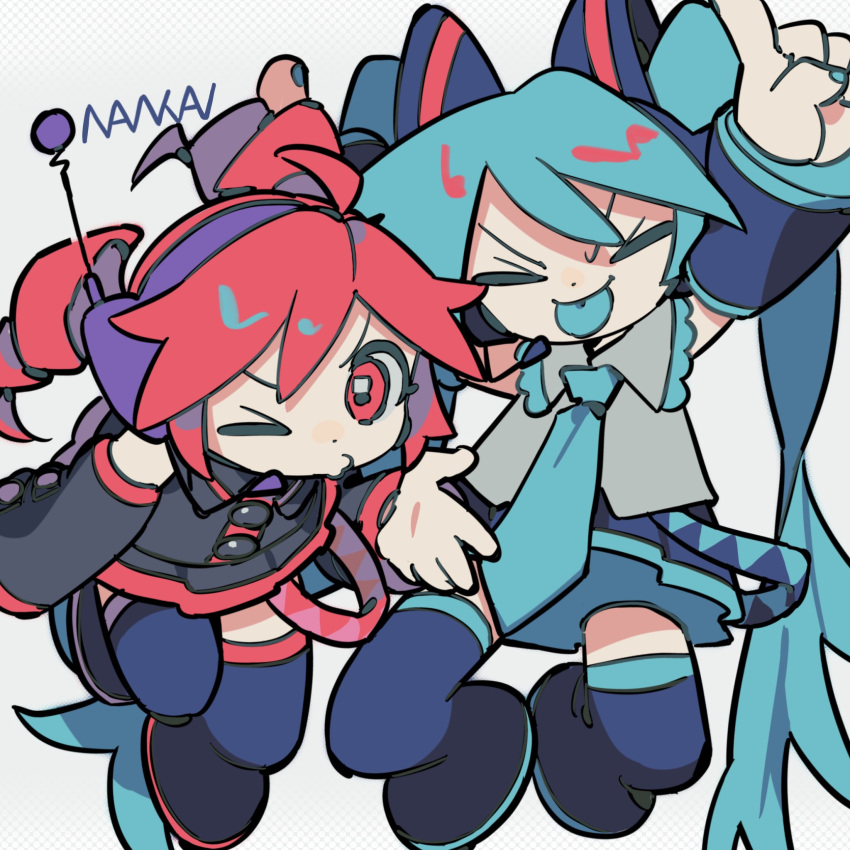 2girls, :p, ahoge, arms_up, black_shirt, black_skirt, black_sleeves, blowing_kiss