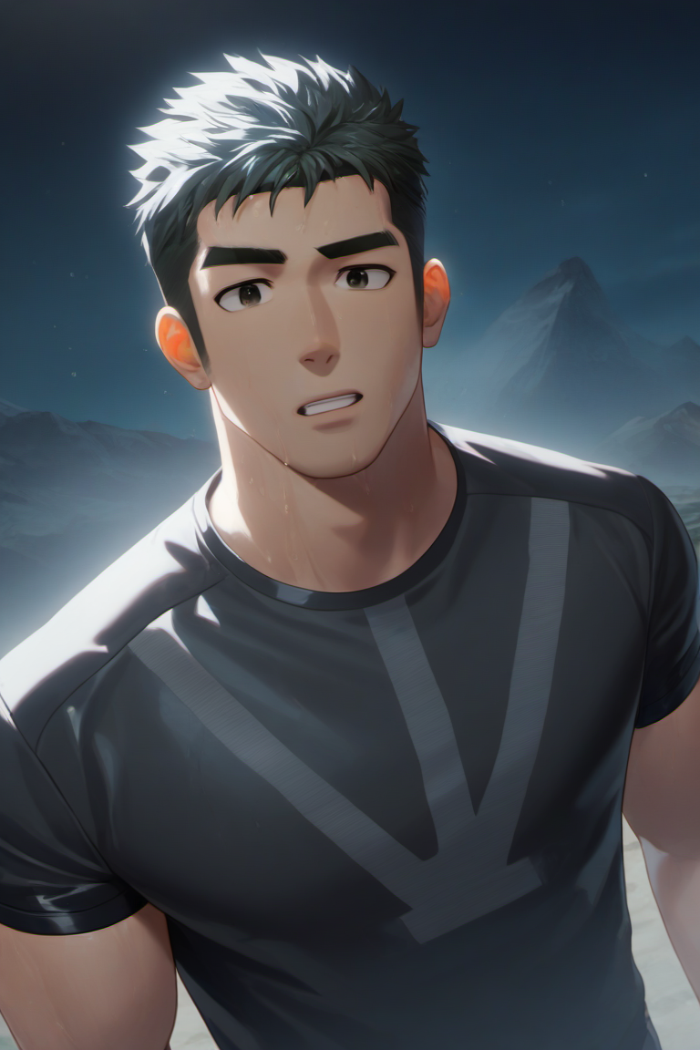 1boy, black_shirt, large_pectorals, looking_at_viewer, mackenyu, male_focus, mature_male, mountain