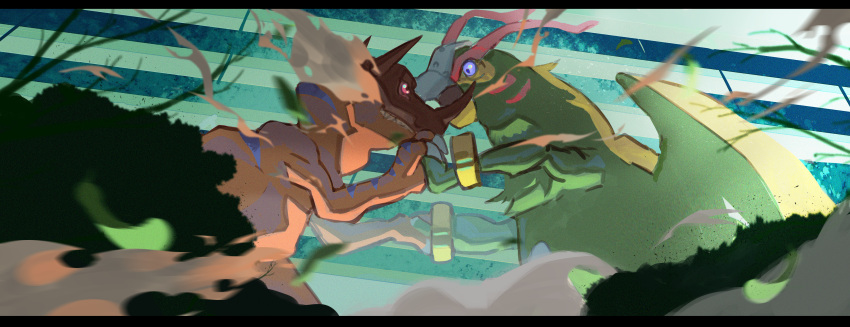 765_nanami, absurdres, beak, bird, blue_eyes, building, bush, colored_skin