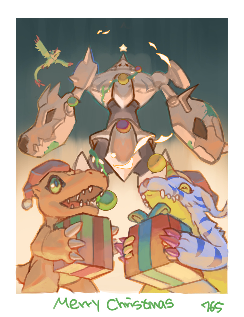 765_nanami, absurdres, agumon, christmas, claws, closed_eyes, coat, colored_skin, digimon, fewer_digits, flying, fur_coat, gabumon, green_eyes, hat, highres, horns, looking_up, omegamon, orange_skin, pteromon, reptile, santa_hat, santaagumon, single_horn, spikes, star_(symbol), statue, yellow_skin