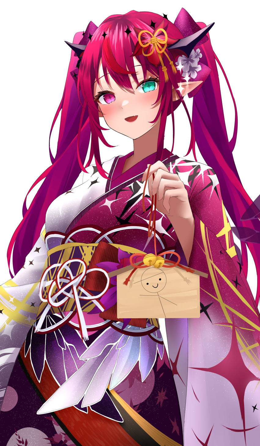 1girl, absurdres, blush, cross-shaped_pupils, crystal_wings, fang, flower, gradient_hair
