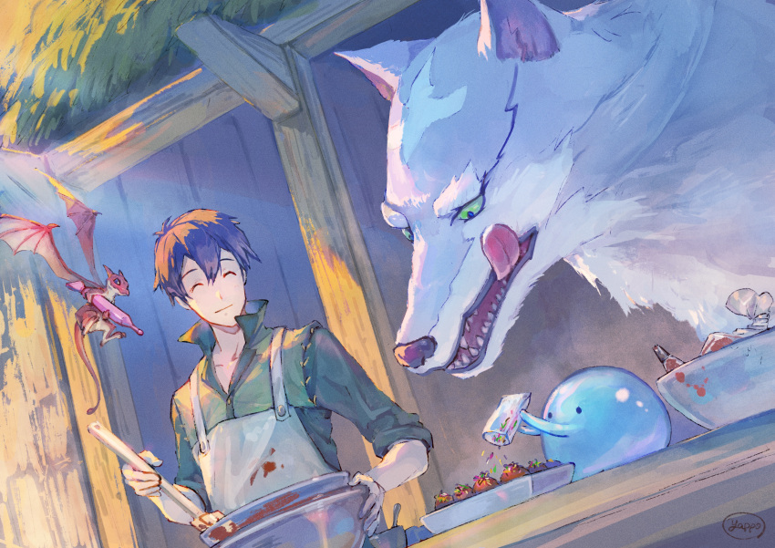 1boy, absurdres, animal, black_hair, bowl, building, chocolate, closed_mouth, collared_shirt, cooking, day, dora_(tonsuki), dragon, dutch_angle, feru_(tonsuki), food, food_on_clothes, green_eyes, green_shirt, happy, highres, holding, holding_spatula, licking_lips, looking_down, mukouda_tsuyoshi, open_mouth, popped_collar, shirt, short_hair, sleeves_rolled_up, slime_(creature), smile, spatula, sprinkles, sui_(tonsuki), sunlight, tondemo_skill_de_isekai_hourou_meshi, tongue, tongue_out, tray, wolf, yappo_(point71)