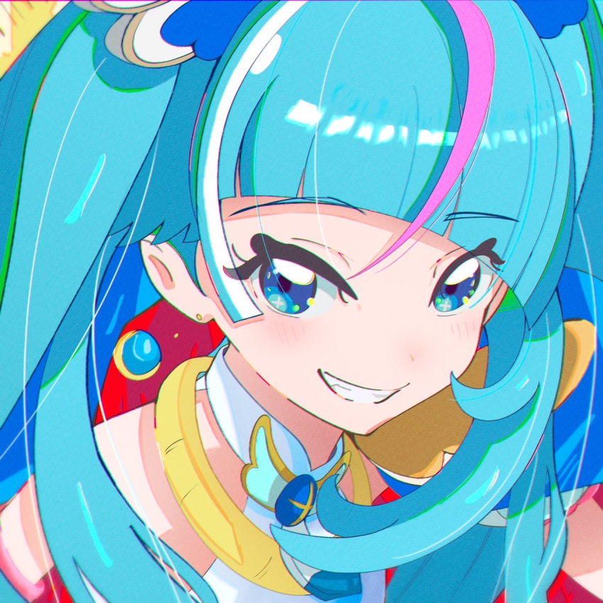 1girl, blue_cape, blue_eyes, blue_hair, brooch, cape, commentary, cure_sky