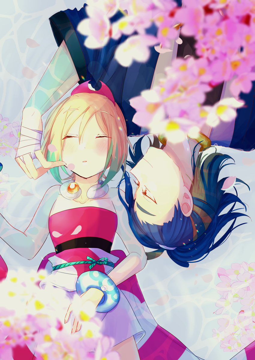 absurdres, adaman_(pokemon), bare_shoulders, blonde_hair, blue_hair, brown_eyes, cherry_blossoms, closed_eyes