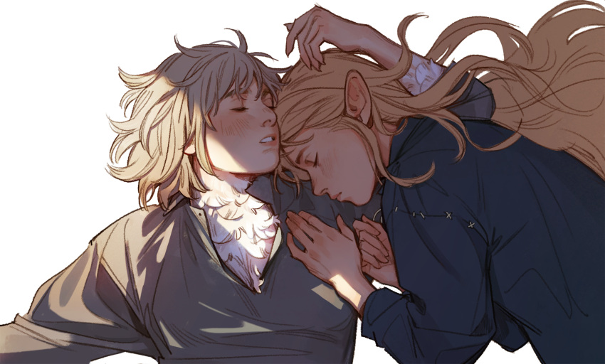 2girls, absurdres, blonde_hair, closed_eyes, colored_skin, dungeon_meshi, falin_thorden, falin_thorden_(tallman)