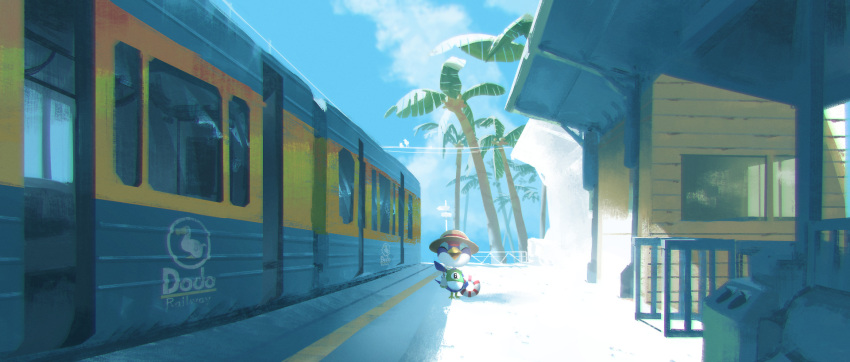 1boy, ^_^, animal_crossing, beak, blue_sky, closed_eyes, clouds, commentary_request, day, facing_viewer, foald11, green_shirt, hat, highres, holding, holding_swim_ring, jay_(animal_crossing), lifebuoy, open_mouth, outdoors, palm_tree, scenery, shirt, sky, smile, standing, summer, sun_hat, swim_ring, train, train_station, tree, waving, wide_shot, yellow_headwear