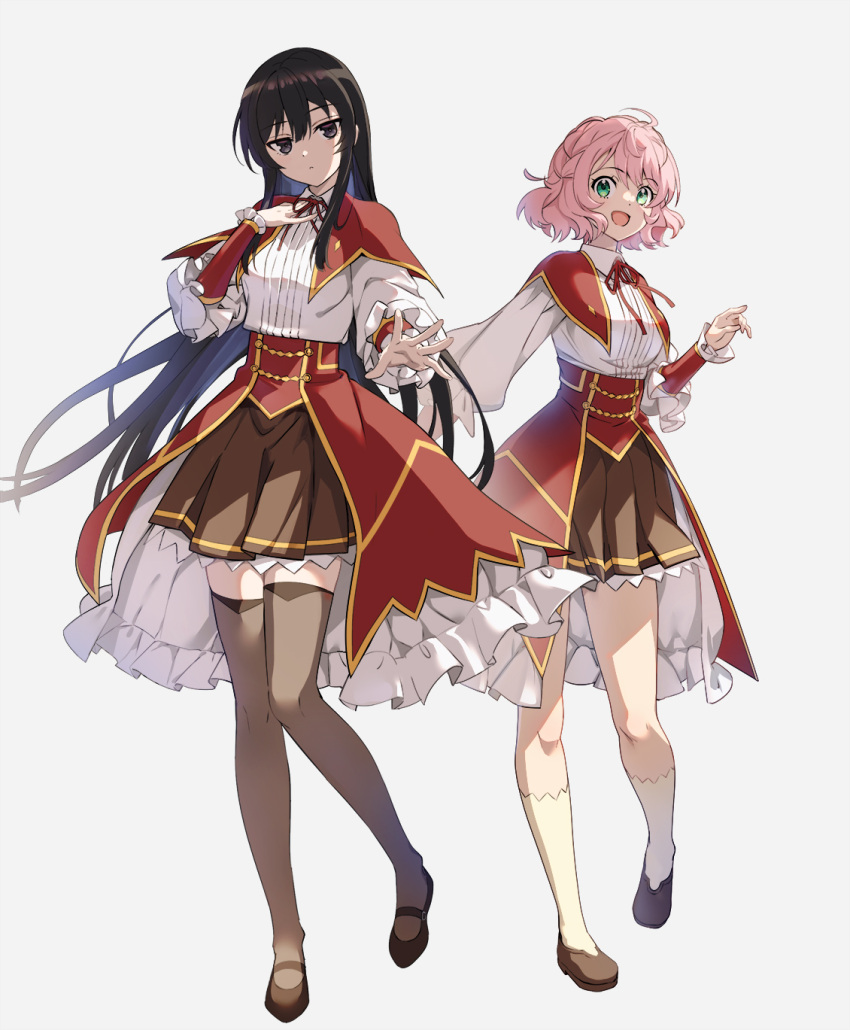 2girls, :d, ahoge, akuyaku_reijou_level_99:_watashi_wa_ura-boss_desu_ga_maou_dewa_arimasen, alicia_ehnleit, black_eyes, black_footwear, black_hair, black_thighhighs, brown_skirt, capelet, closed_mouth, collared_shirt, commentary_request, dot_nose, eumiella_dolkness, expressionless, floating_hair, frilled_skirt, frilled_sleeves, frills, full_body, green_eyes, hair_between_eyes, hand_on_own_chest, hand_up, highres, kneehighs, long_hair, long_sleeves, looking_at_viewer, mary_janes, multiple_girls, neck_ribbon, nyoro_(nyoronyoro000), open_hand, open_mouth, outstretched_arm, pink_hair, pleated_skirt, puffy_long_sleeves, puffy_sleeves, red_capelet, red_ribbon, ribbon, school_uniform, shirt, shoes, short_hair, simple_background, skirt, smile, socks, standing, thigh-highs, very_long_hair, waist_cape, white_background, white_shirt, white_socks, zettai_ryouiki