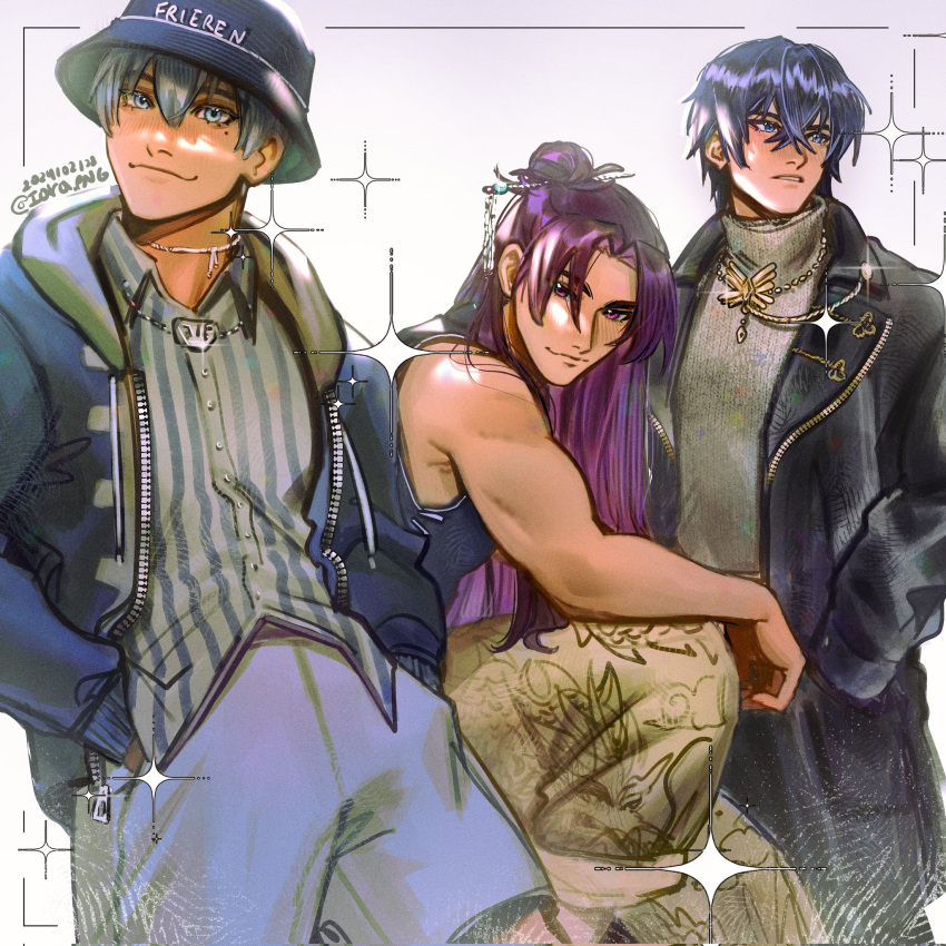 3boys, :3, alternate_costume, arnold_hein, bare_arms, bare_shoulders, black_jacket, blue_eyes