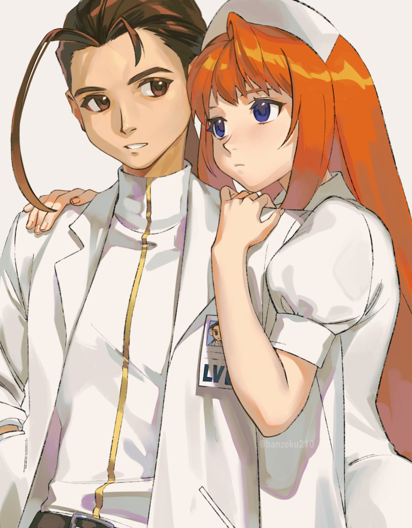 1boy, 1girl, asagi_(banzoku210), blue_eyes, brown_eyes, brown_hair, elhaym_van_houten, fei_fong_wong