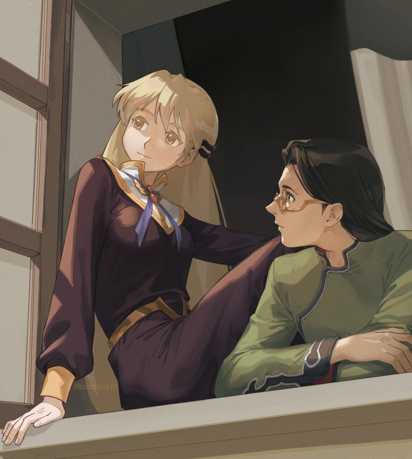 1boy, 1girl, asagi_(banzoku210), black_hair, blonde_hair, citan_uzuki, coat, dress