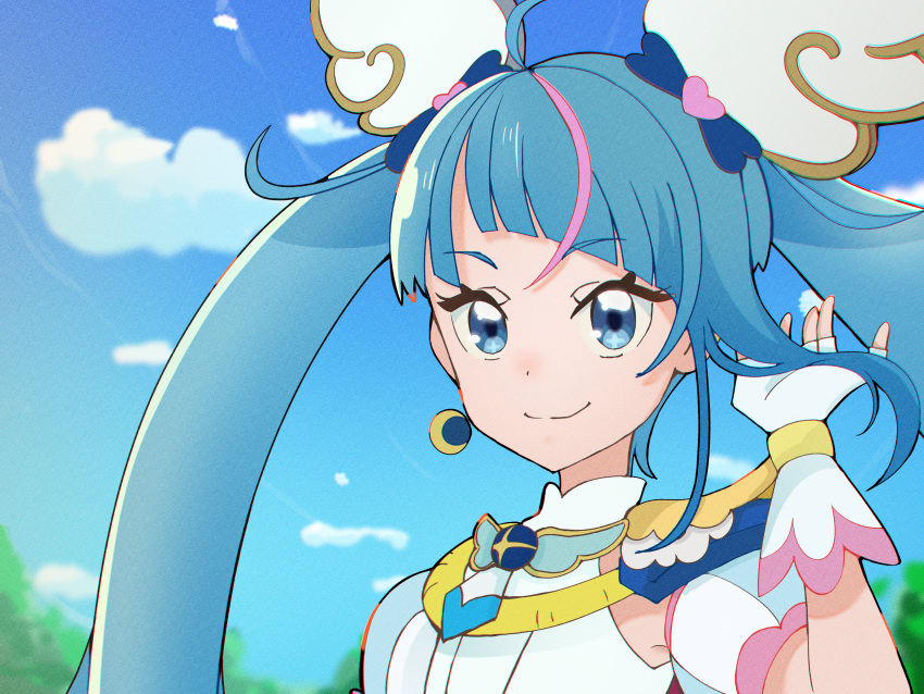 1girl, absurdres, blue_eyes, blue_hair, blue_sky, brooch, closed_mouth, clouds