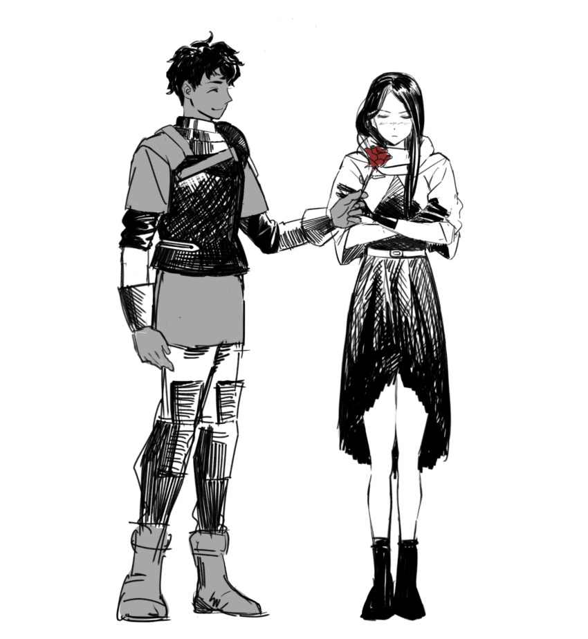 1boy, 1girl, ankle_boots, armor, belt, blush, boots, capelet