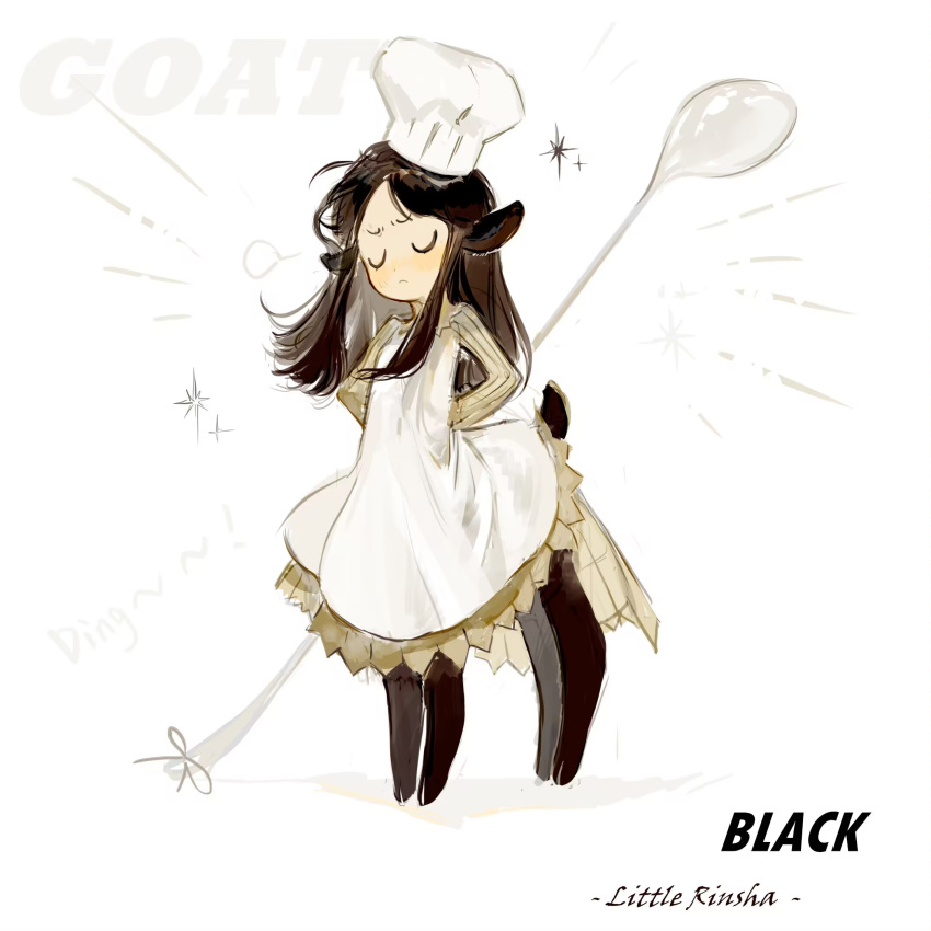 1girl, alternate_costume, animal_ears, annoyed, arms_behind_back, black_hair, centauroid, character_name, chef_hat, closed_eyes, dress, dungeon_meshi, facing_viewer, frown, full_body, furrowed_brow, goat_girl, hashtag_only_commentary, hat, highres, ladle, long_hair, long_sleeves, minodreamland, monster_girl, monsterification, parted_bangs, rin_(dungeon_meshi), solo, standing, taur, white_background, white_dress, white_headwear