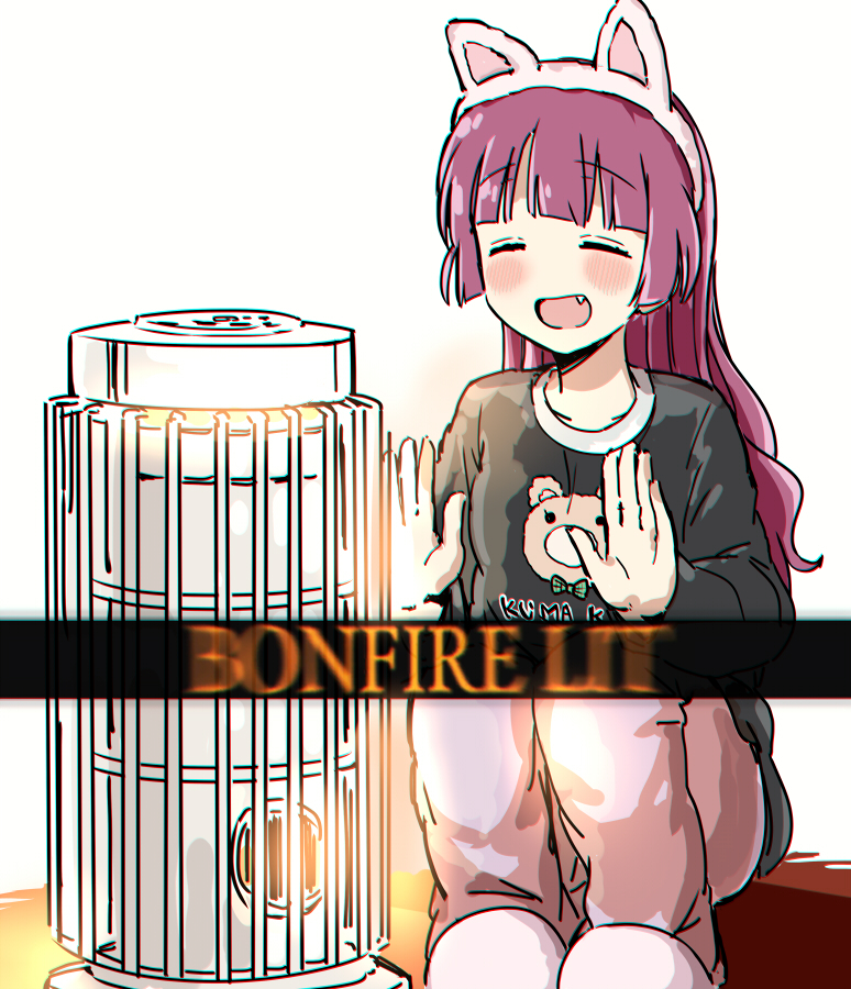 1girl, alternate_hairstyle, animal_ear_hairband, animal_ears, black_shirt, blunt_bangs, blush, bocchi_the_rock!, bonfire_(dark_souls), cat_ear_hairband, cat_ears, dark_souls_(series), fake_animal_ears, fang, hairband, heater, hiroi_kikuri, kerosene_heater, long_hair, pajamas, pink_pajamas, print_shirt, redhead, shirt, slippers, smile, torako_(toramaru), warming_hands