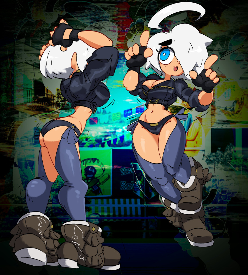 angel_(kof), backless_pants, boots, breasts, chibi, cowboy_boots, cropped_jacket, fingerless_gloves