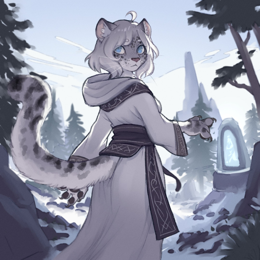 1girl, ahoge, blue_eyes, building, closed_mouth, commentary, day, dress, english_commentary, feet_out_of_frame, from_behind, furry, furry_female, highres, hood, hood_down, long_sleeves, looking_back, original, outdoors, sash, short_hair, sky, snow, snow_leopard_girl, solo, swept_bangs, tail, tail_through_clothes, tateoftot, white_dress, white_hair