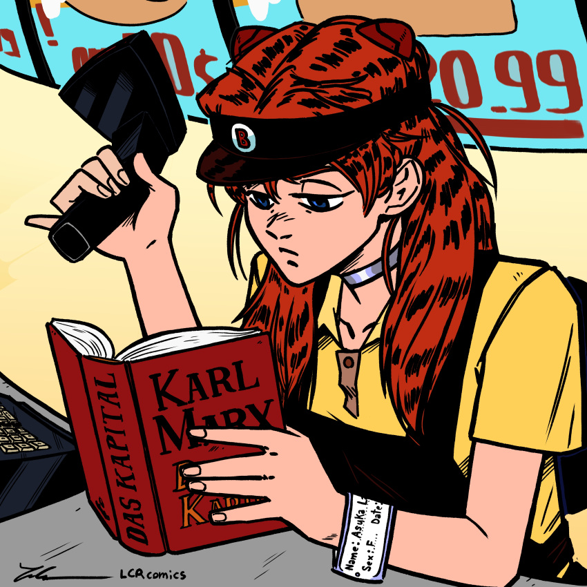 1girl, absurdres, apron, artist_name, barcode_scanner, black_apron, blue_eyes, book, commentary, communism, das_kapital, employee_uniform, english_commentary, frown, highres, holding, holding_book, interface_headset, lcr_comics, neon_genesis_evangelion, orange_hair, pinky_out, polo_shirt, reading, signature, solo, souryuu_asuka_langley, uniform, upper_body, visor_cap, wristband